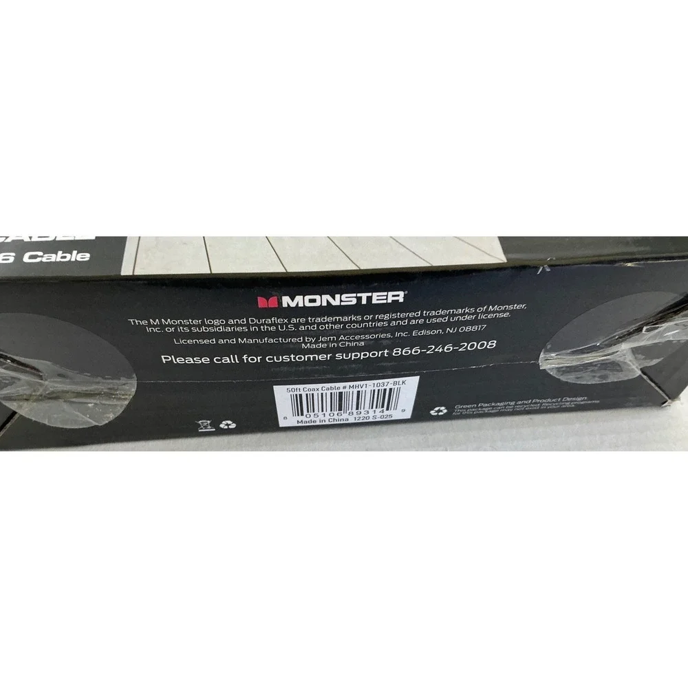 Monster Coaxial RG-6 Cable 50ft In-Wall Rated Gold Plated Connectors‎ Black NWT